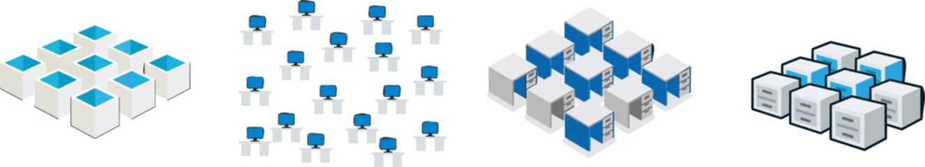 Naklejka premium A minimalist office scene featuring rows of identical grey desks with vibrant blue tops, arranged in a simple geometric pattern against a white background