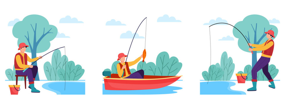 Fisherman character set with three scenes of men fishing, male angler catching fish in boat and on shore, flat vector illustration for outdoor hobby
