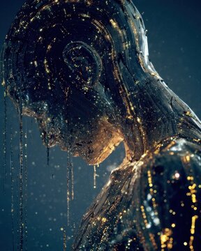 Futuristic cyborg human head profile covered in digital code data fluid with golden light particles flowing down and shimmering against dark moody abstract background creative illustration
