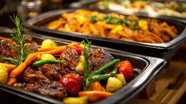 Stunning photo of catering buffet food in restaurant or cafe with meat and vegetables.