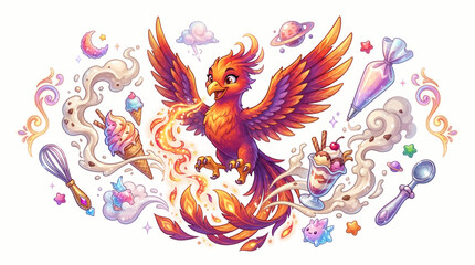 Fototapeta premium Vibrant phoenix surrounded by whimsical kitchen utensils and sweets.