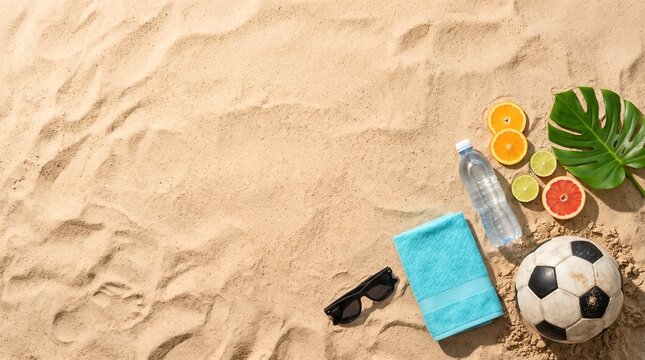 Top-down view of beach scene with soccer ball sunglasses sliced citrus fruits monstera leaf water bottle on sand flat lay still life sunglasses accessories