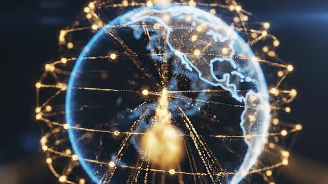 Golden network connects cities on digital earth finance concept. Digital globe with glowing network connections highlighting global communication and technology innovation