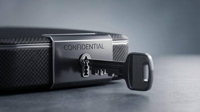 Close up of confidential briefcase with key inserted in lock on gray background