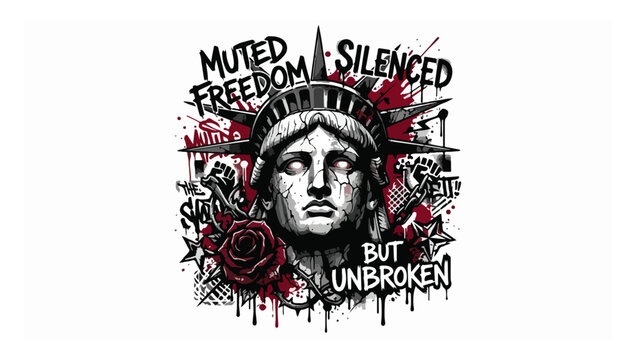 Statue of Liberty Illustration with "Muted, Silenced, But Unbroken" Text