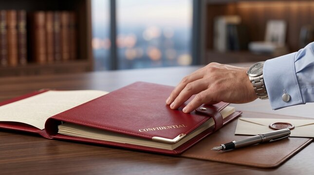 Hand closing confidential red leather folder on office desk with pen and papers