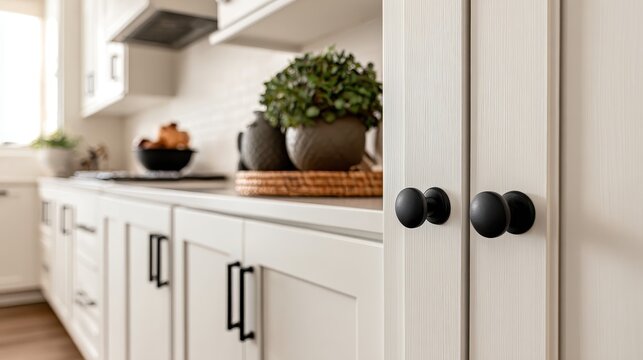 Stunning photo of close-up of white shaker-style kitchen cabinets with modern matte black hardware and round knobs.