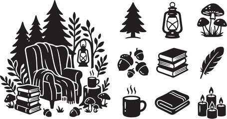 Fototapeta premium Cozy forest reading nook with books and candles