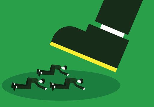 Giant foot stepping on crawling workers vector illustration. Corporate oppression and power dominance concept. Boss crushing small employee characters flat graphic.