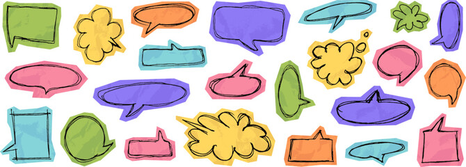 Hand drawn pen ink speech bubbles on crumpled paper cutouts, blank chat balloon doodles. Grunge dialog balloons on colored torn paper pieces, cut out comic cloud bubble sketches for collage vector set