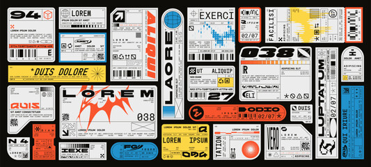 Fototapeta premium Retro futuristic industrial labels with fake logos, cyberpunk aesthetics decals. Packaging tags with barcodes and technical symbols, product sticker, cargo label, dystopian sci-fi elements vector set