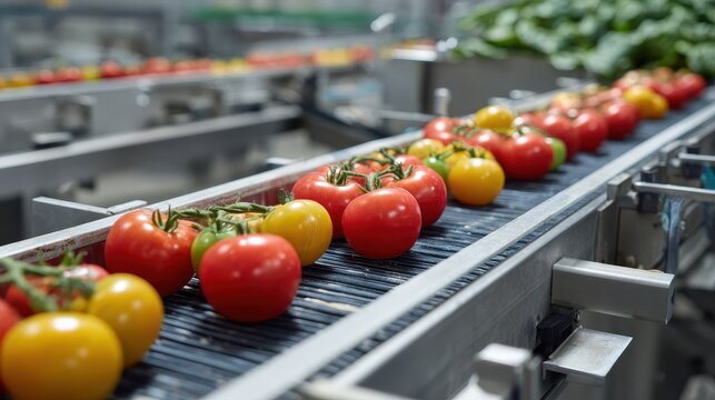 Stunning photo of fresh vegetables moving on conveyor belt in food processing plant sorted by size by automated machines Organic vegetables processed in factory.
