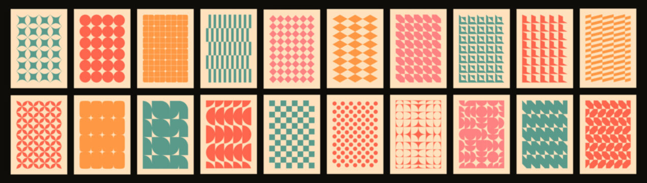 Retro geometric posters, bold brutalist aesthetic cover backdrop with checkered texture. Abstract vintage minimal poster template with circles and squares, contemporary banner backgrounds vector set