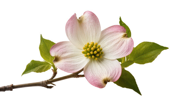 Pink and white dogwood flower with green leaves on branch, isolated on transparent background