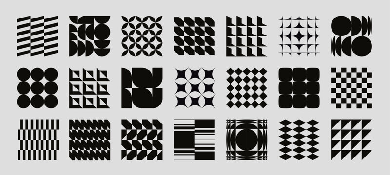 Retro geometric seamless patterns, bold brutalist aesthetic backgrounds. Abstract vintage wallpaper print, minimal texture with circles and squares, distortion glass effect vector backdrop pattern set