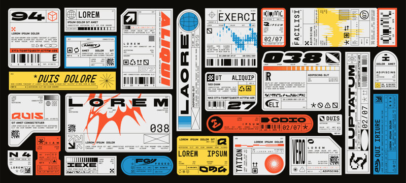 Retro futuristic industrial labels with fake logos, cyberpunk aesthetics decals. Packaging tags with barcodes and technical symbols, product sticker, cargo label, dystopian sci-fi elements vector set