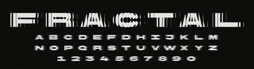 Fototapeta na wymiar Grunge alphabet with ribbed glass effect, postmodern brutalist aesthetic font. Distorted vertical line typography, bold letters and numbers with optical distortion texture, refracted glass vector font