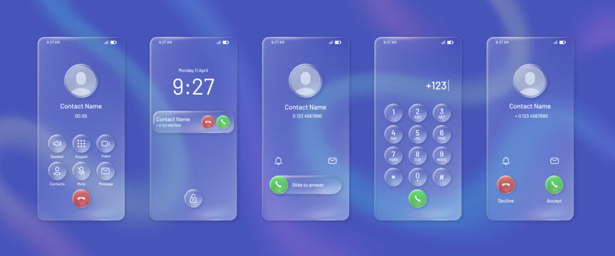 Liquid glass phone call screen interface. Transparent rounded square mobile UI panels with incoming call, notification, accept and reject button, realistic glass smartphone call app mockup vector set