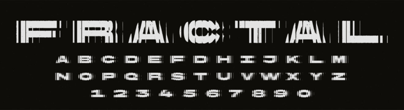 Grunge alphabet with ribbed glass effect, postmodern brutalist aesthetic font. Distorted vertical line typography, bold letters and numbers with optical distortion texture, refracted glass vector font