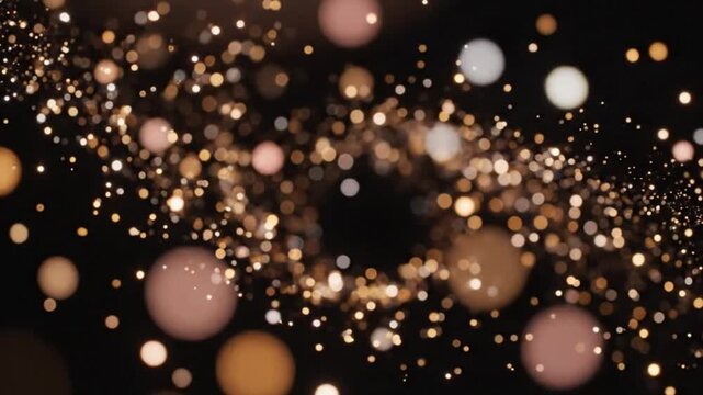 Abstract swirling golden and pink bokeh lights creating a magical festive atmosphere on a dark background