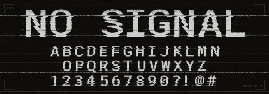 Grunge alphabet with glitch VHS effect, distorted old vintage TV static font. Glitched analog video camera typography, letters and numbers with damaged tape effect, retro screen distortion vector font