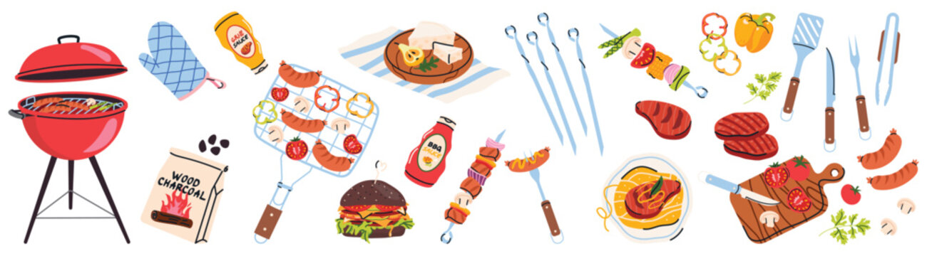 Barbecue party vector set with grill tools, sausages, burgers, steaks and fresh vegetables. Summer bbq collection in cartoon flat style. Outdoor picnic food elements isolated on white background