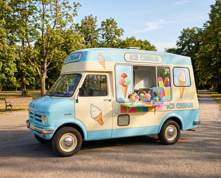 Vintage Ice Cream Van in Park on Sunny Summer Day