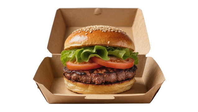 Juicy beef burger with lettuce and tomato in a cardboard box, isolated on transparent background
