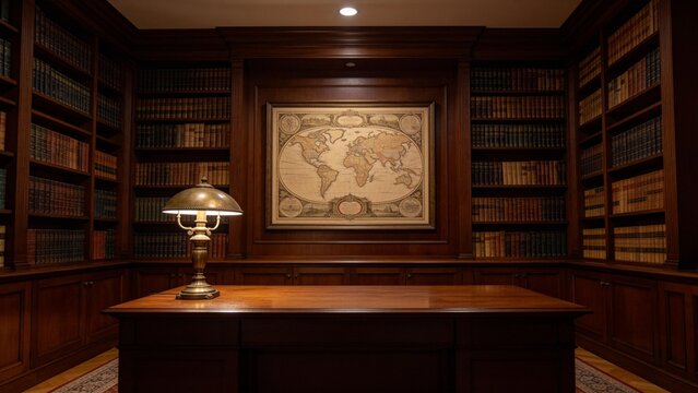 Wooden library study with map