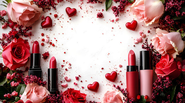 A beautiful circular border frame made of multiple red and pink roses decorated with luxury cosmetic lipsticks