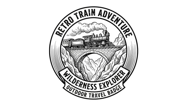 Retro Train Adventure Badge: Wilderness Explorer Outdoor Travel Emblem