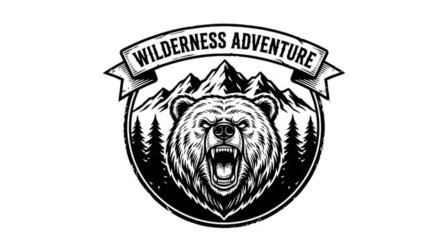 Grizzly Bear Head Badge with Mountains and Forest - Wilderness Adventure Logo