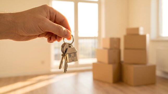 House keys held by a person in a bright empty apartment represent the beginning of a new chapter for a family moving into a home.