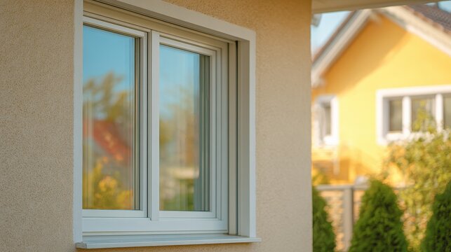 Stunning photo of modern white PVC window installed in a beige stucco house wall with a blurred yellow home in the background.
