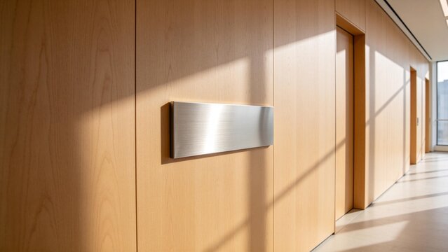 Modern office hallway with wooden walls
