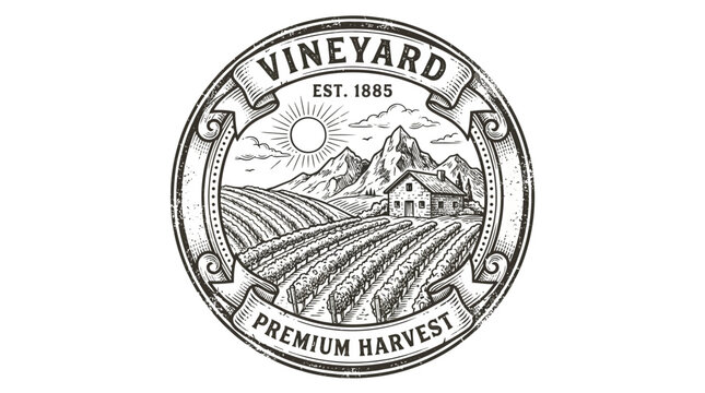 Vintage Vineyard Emblem with Rolling Hills and Farmhouse