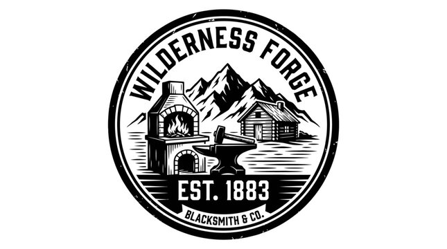 Vintage Blacksmith Logo with Forge, Anvil, Cabin, and Mountains - Vector Badge