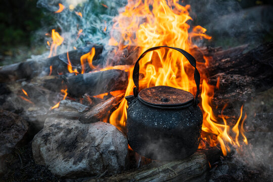 Water kettle on top of fire pit in forest