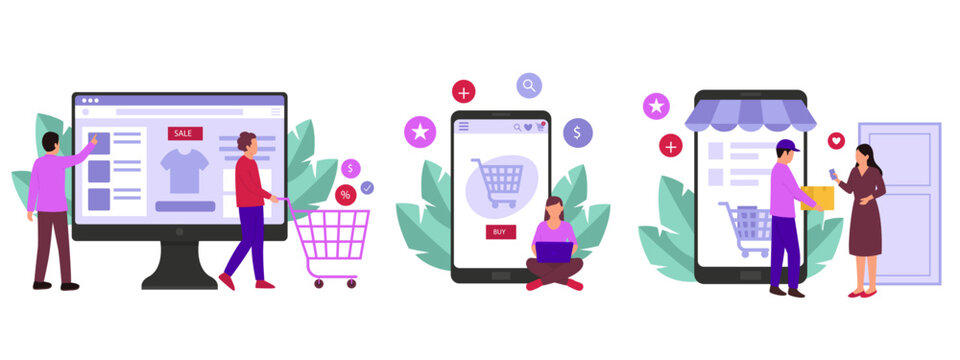 E-commerce online shopping vector illustrations, digital marketplace store on mobile and desktop, courier delivery service and customer purchase