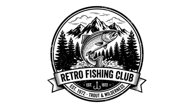 Retro Fishing Club Badge with Jumping Trout, Mountains, and Forest