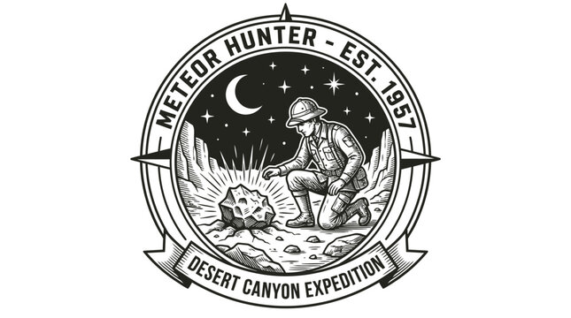 Meteor Hunter Emblem: Man Discovering Asteroid in Desert Canyon at Night