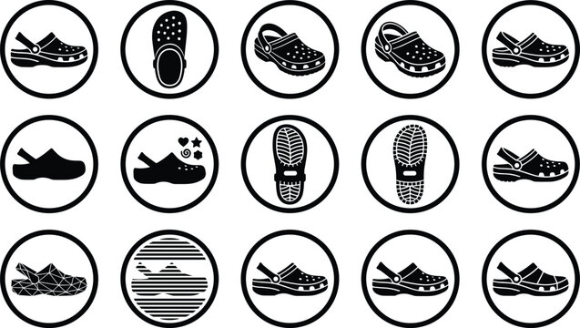 Clog Shoe Icon Collection with Comfortable Slip-On Footwear Symbols, Casual Garden Sandals, and Black Vector Design Elements Set