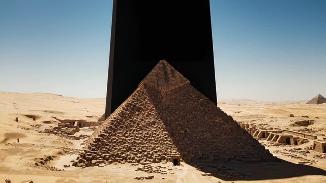 Ancient pyramid in desert with modern structure perfect for wellness retreats and nature documentaries