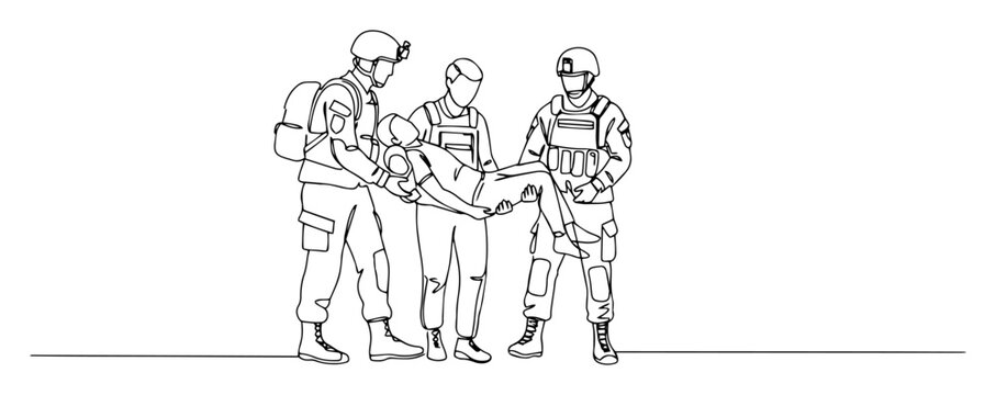 wounded soldier being carried by military medics