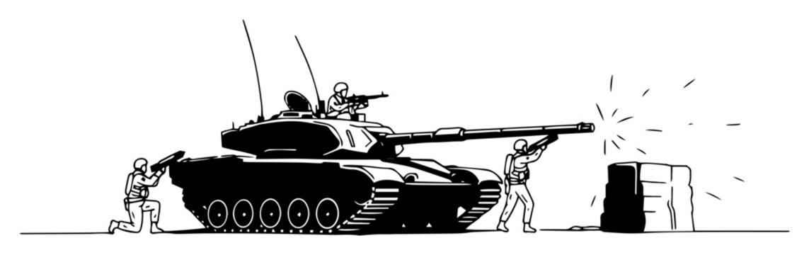 military tank in combat scene outline drawing