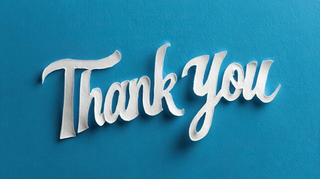 Stunning photo of thank you text on white paper cut out over blue background, gratitude concept.