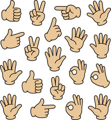 Fototapeta premium Cartoon hand gesture vector icon set with thumbs up peace sign pointing finger ok symbol and open palm isolated on white background.