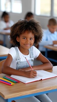 Young girl with dark curly hair writes in notebook at classroom desk with colorful markers visible and natural light coming through window