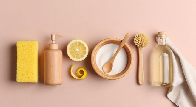 Flat lay composition of eco friendly cleaning products and natural ingredients like lemon, baking soda, and vinegar, presented on soft pink surface.