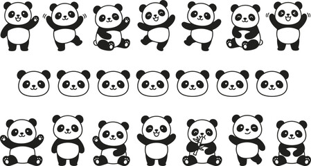 Cute giant panda cartoon vector collection featuring happy bear characters sitting, waving, dancing, eating bamboo stalks, and cheerful animal face portrait silhouette icons. © MdRasel
